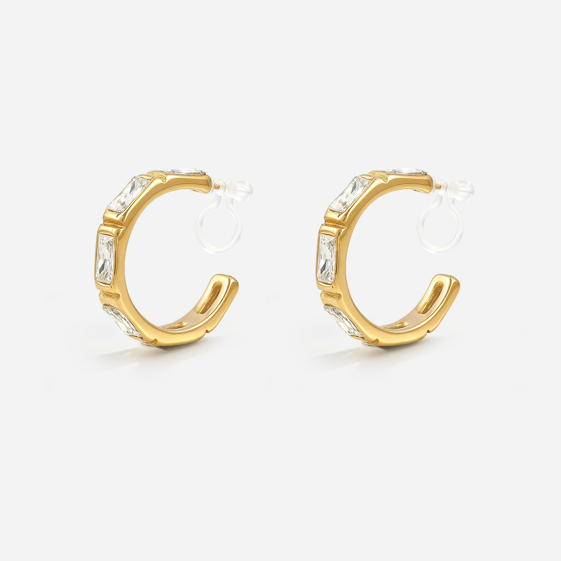 Bezel Baguette Clip-On Hoop Earrings in gold by SOMIY