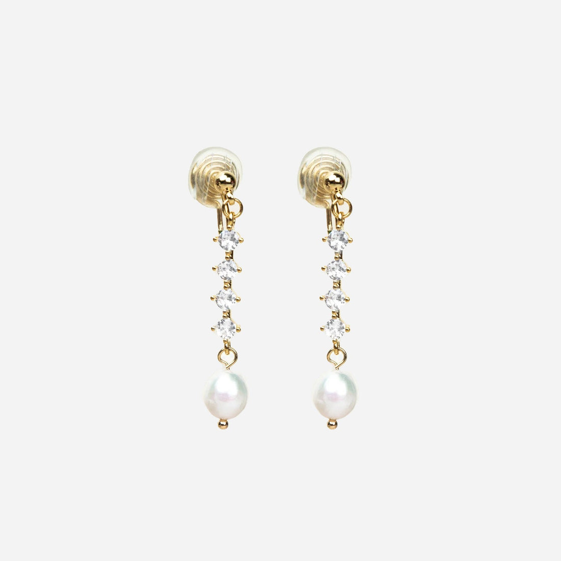 Gold Pearl Crystal CZdangle clip-on earrings by SOMIY – pain-free non-pierced jewelry for everyday wear
