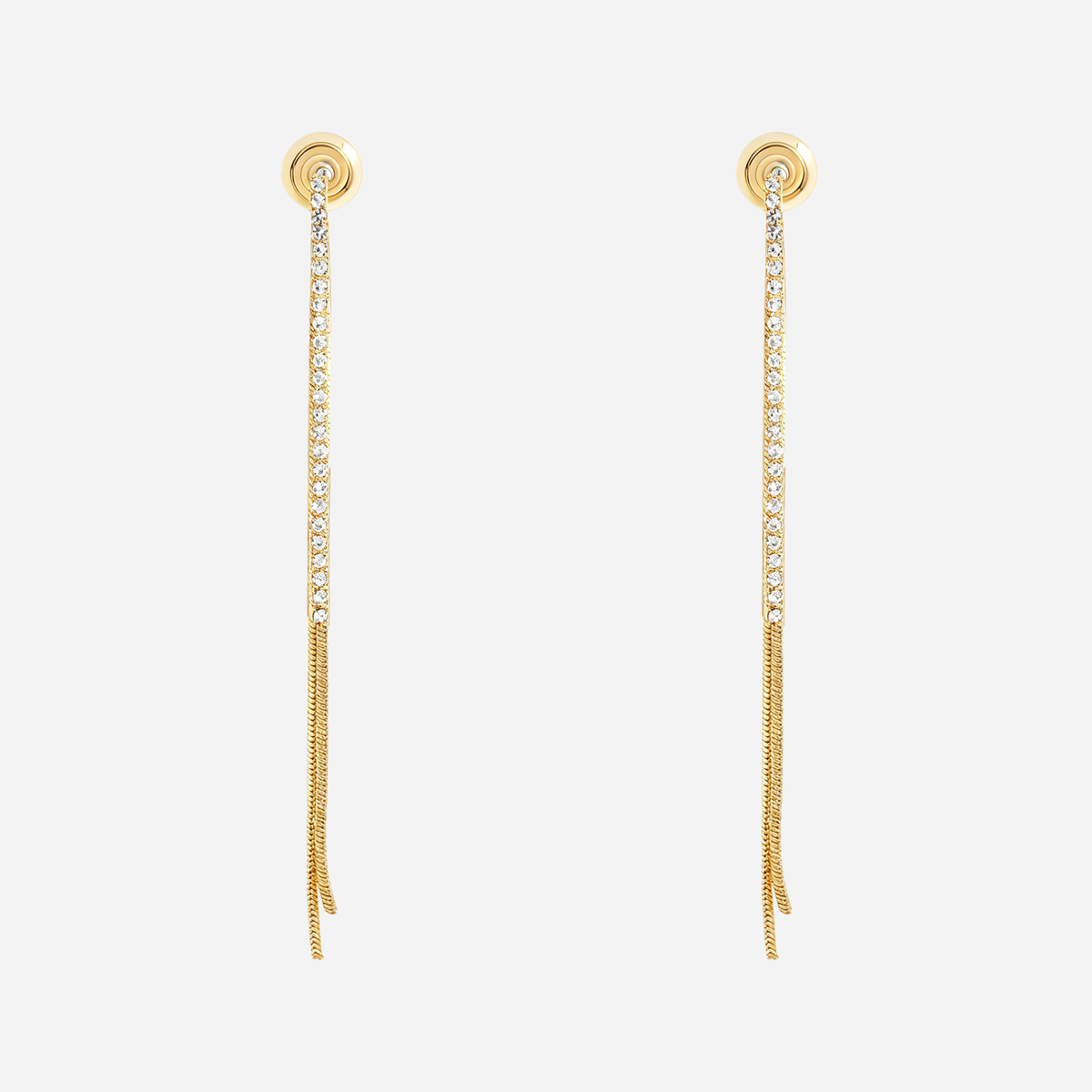 Front view of gold cubic zirconia chain tassel clip-on earrings arranged as a pair