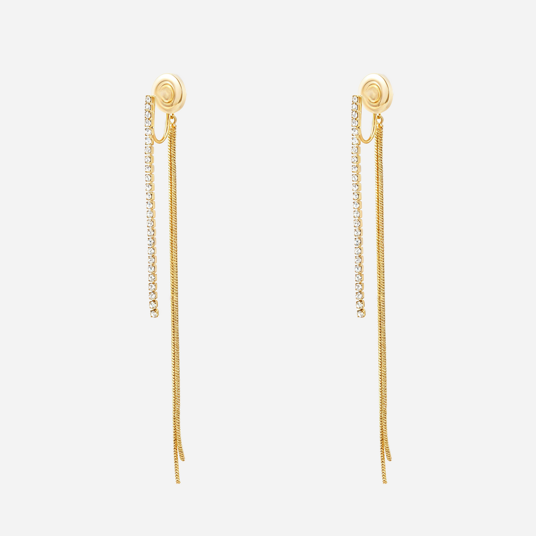 Gold clip-on drop earrings with cubic zirconia front chains, longer rear tassels and spiral clips