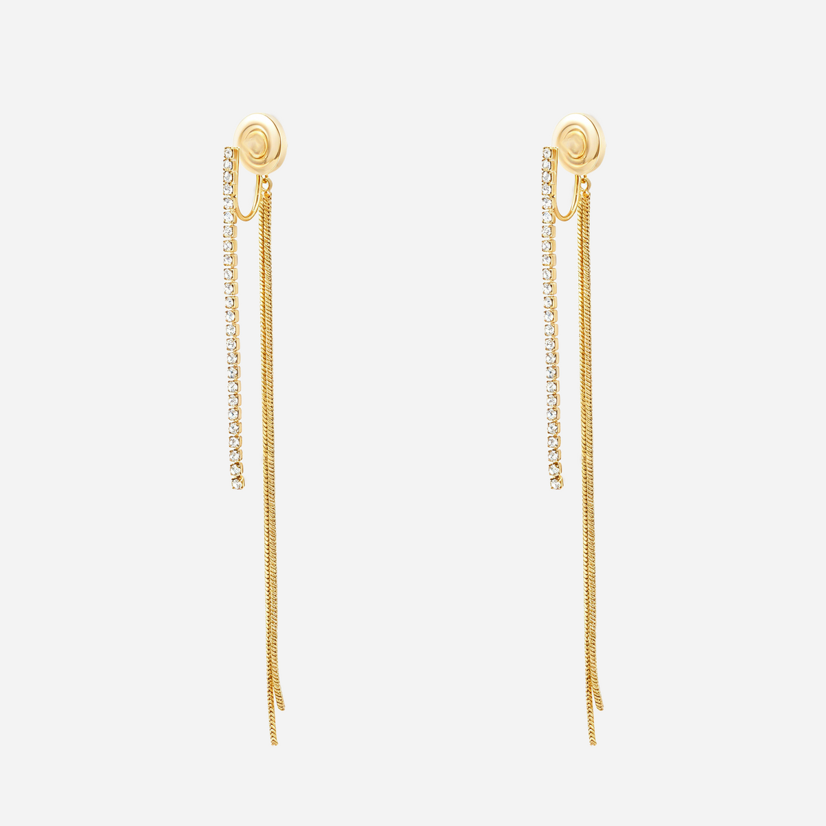 Gold clip-on drop earrings with cubic zirconia front chains, longer rear tassels and spiral clips