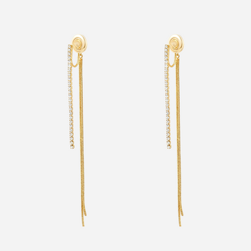 Gold clip-on drop earrings with cubic zirconia front chains, longer rear tassels and spiral clips