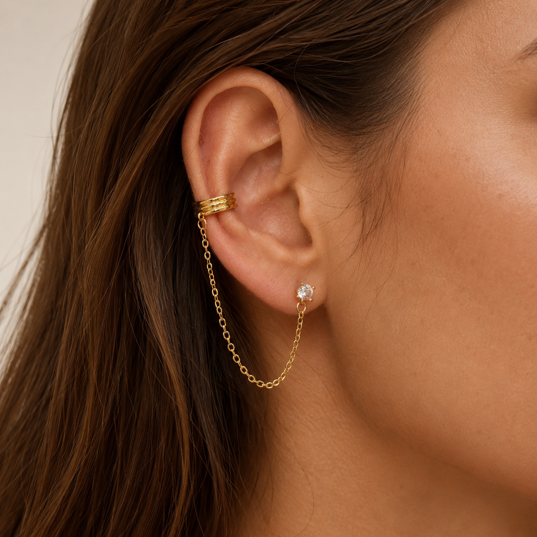 CZ Chain Ear Cuffs with Clip-On Studs in gold by SOMIY