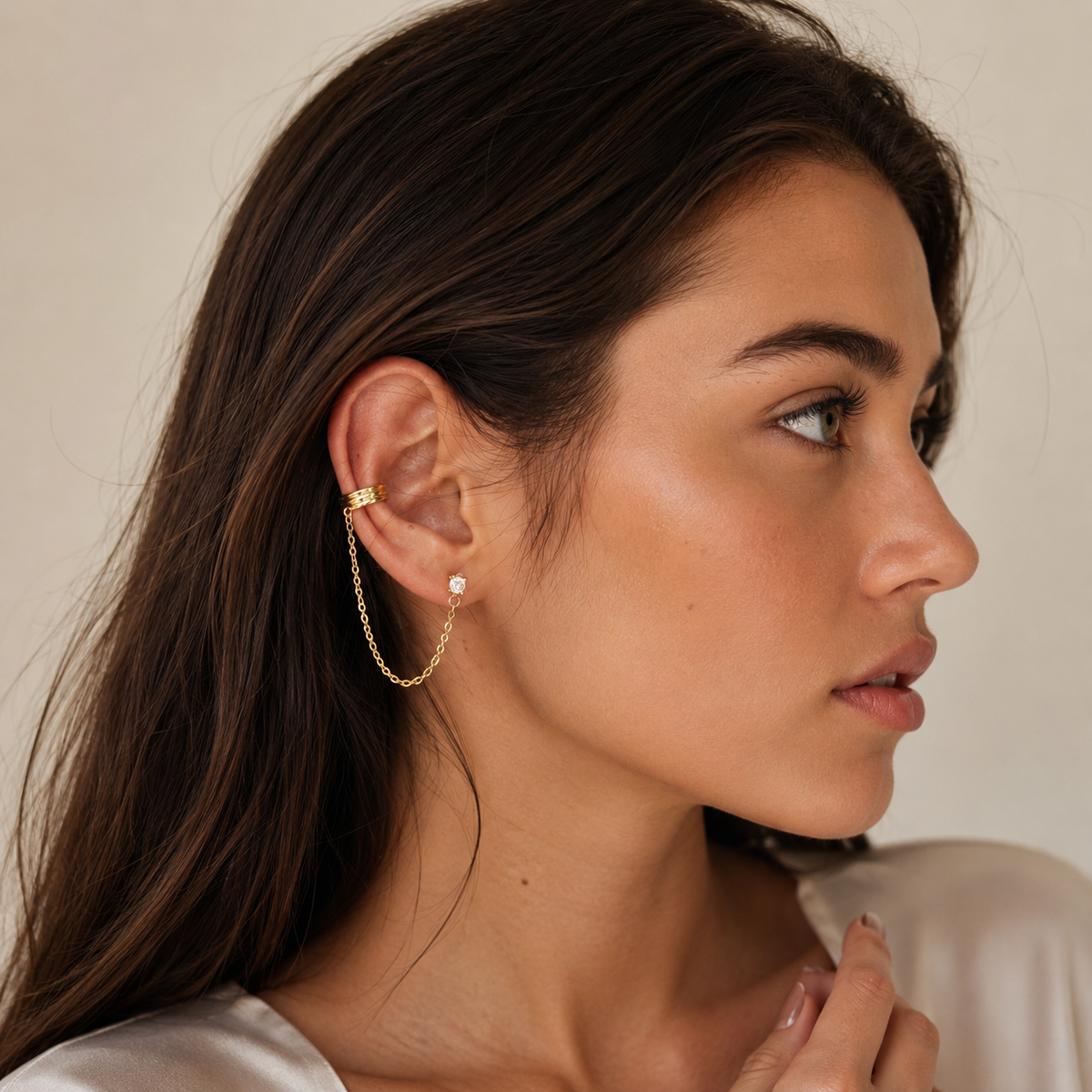 Model wearing SOMIY CZ Chain Ear Cuffs with Clip-On Studs in gold