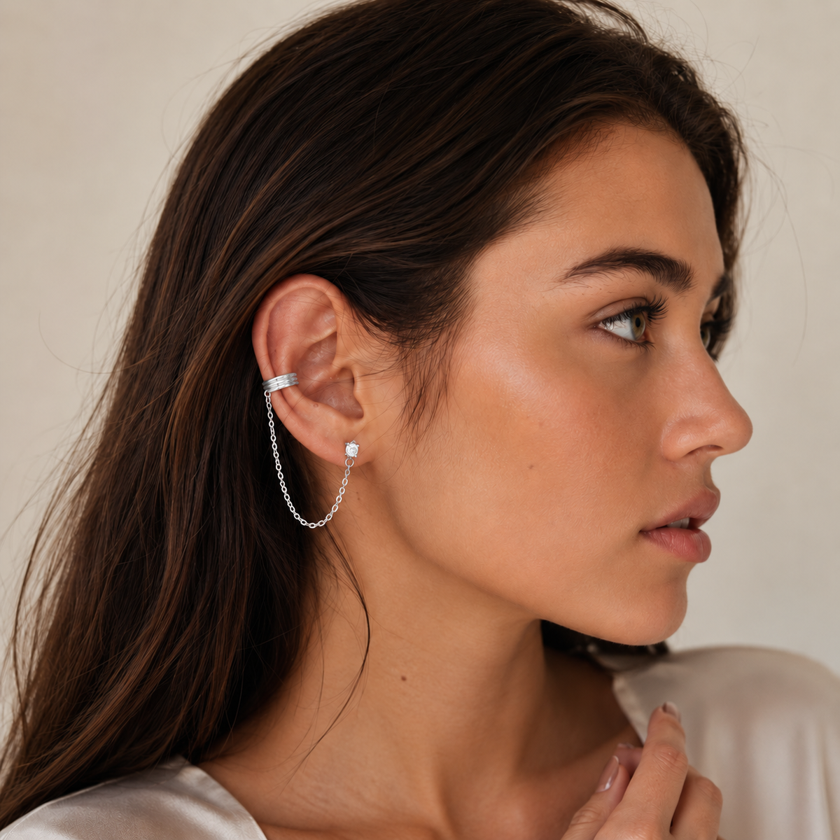 Model wearing SOMIY CZ Chain Ear Cuffs with Clip-On Studs in silver