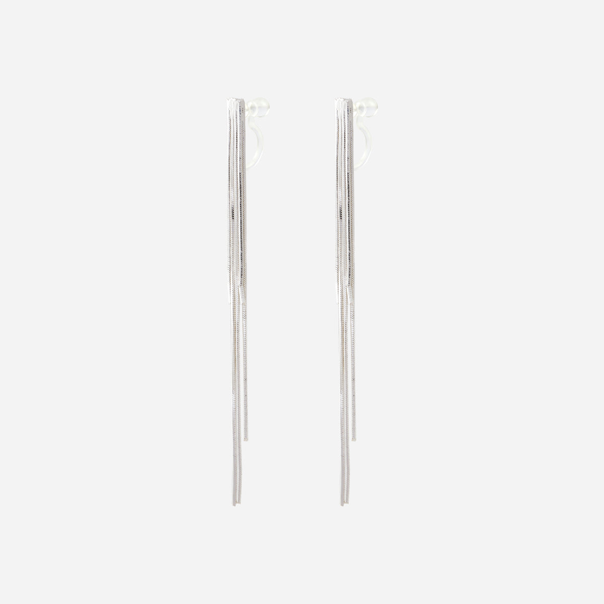 Angled view of SOMIY Layered Chain Tassel Clip-On Dangle Earrings in silver, showing the clear resin clips