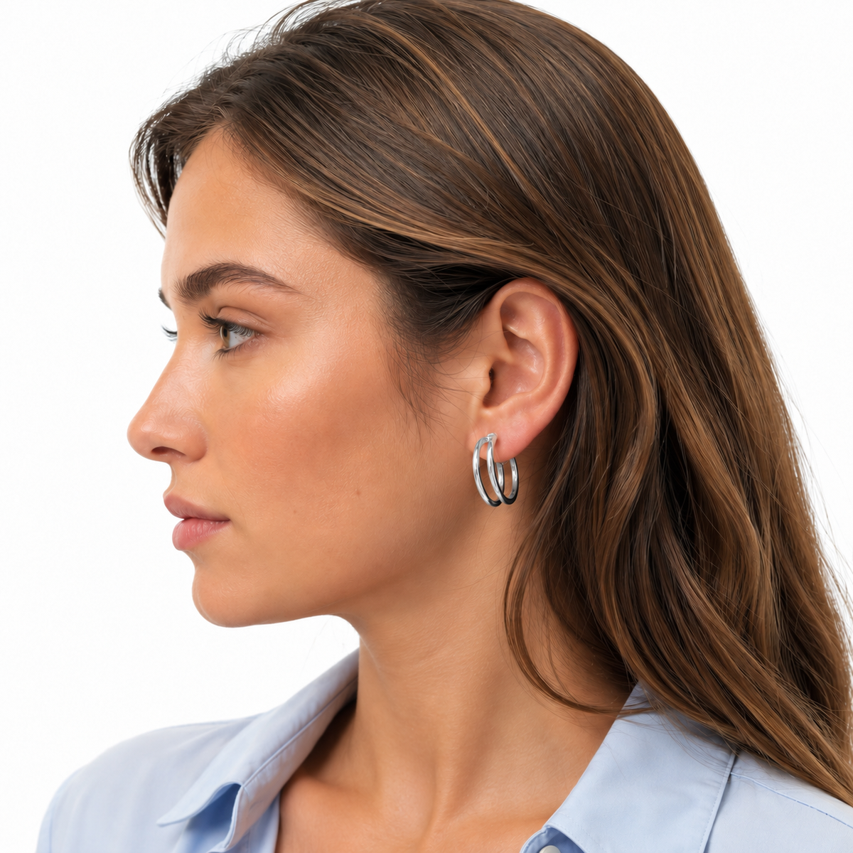 Model wearing SOMIY Parallel Double Clip-On Hoop Earrings in silver