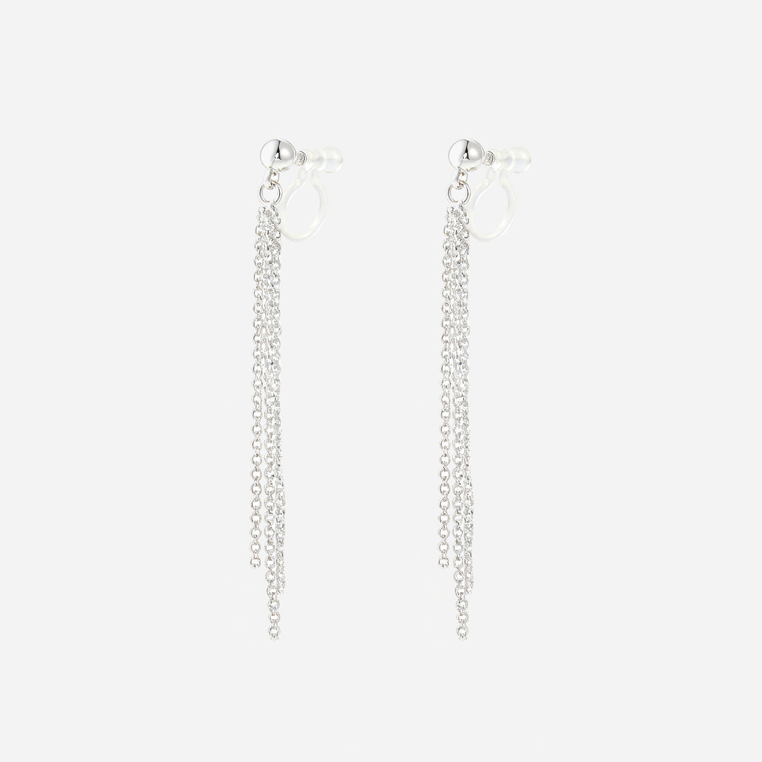 Angled view of SOMIY Round Top Chain Tassel Clip-On Dangle Earrings in silver, showing the clear resin clips