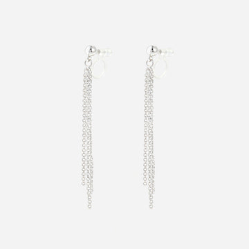 Angled view of SOMIY Round Top Chain Tassel Clip-On Dangle Earrings in silver, showing the clear resin clips