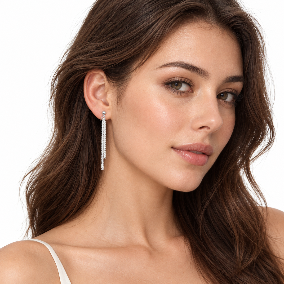 Model wearing SOMIY Round Top Chain Tassel Mosquito Coil Clip-On Dangle Earrings in silver