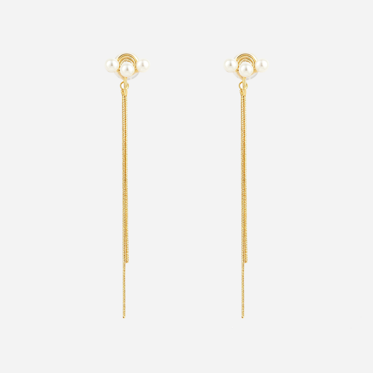 Triple Pearl Tassel Clip-On Dangle Earrings in gold by SOMIY