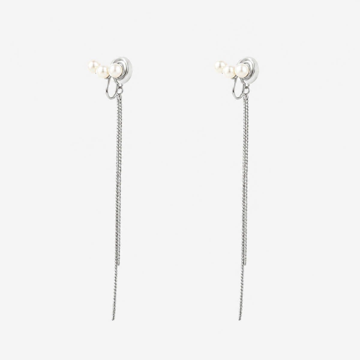Triple Pearl Tassel Clip-On Dangle Earrings in silver by SOMIY