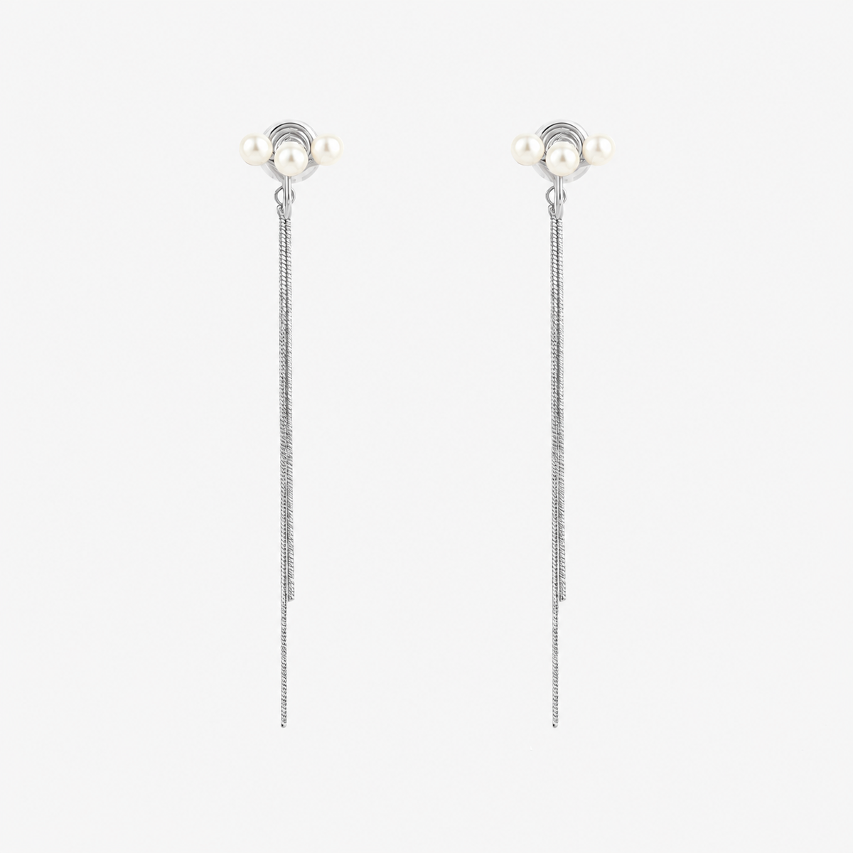 Triple Pearl Tassel Clip-On Dangle Earrings in silver by SOMIY