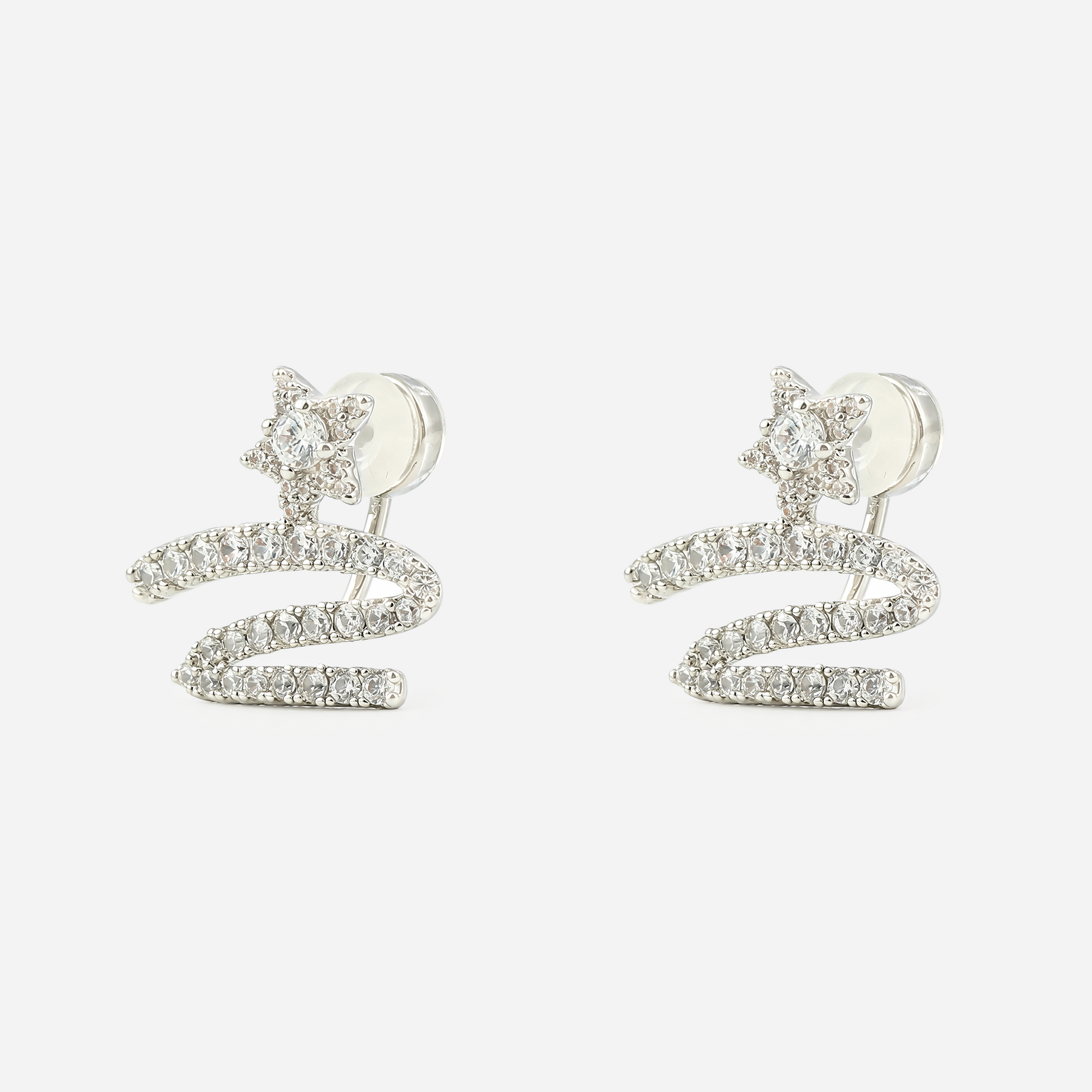 Star Swirl Crystal Clip-On Stud Earrings in silver angle view