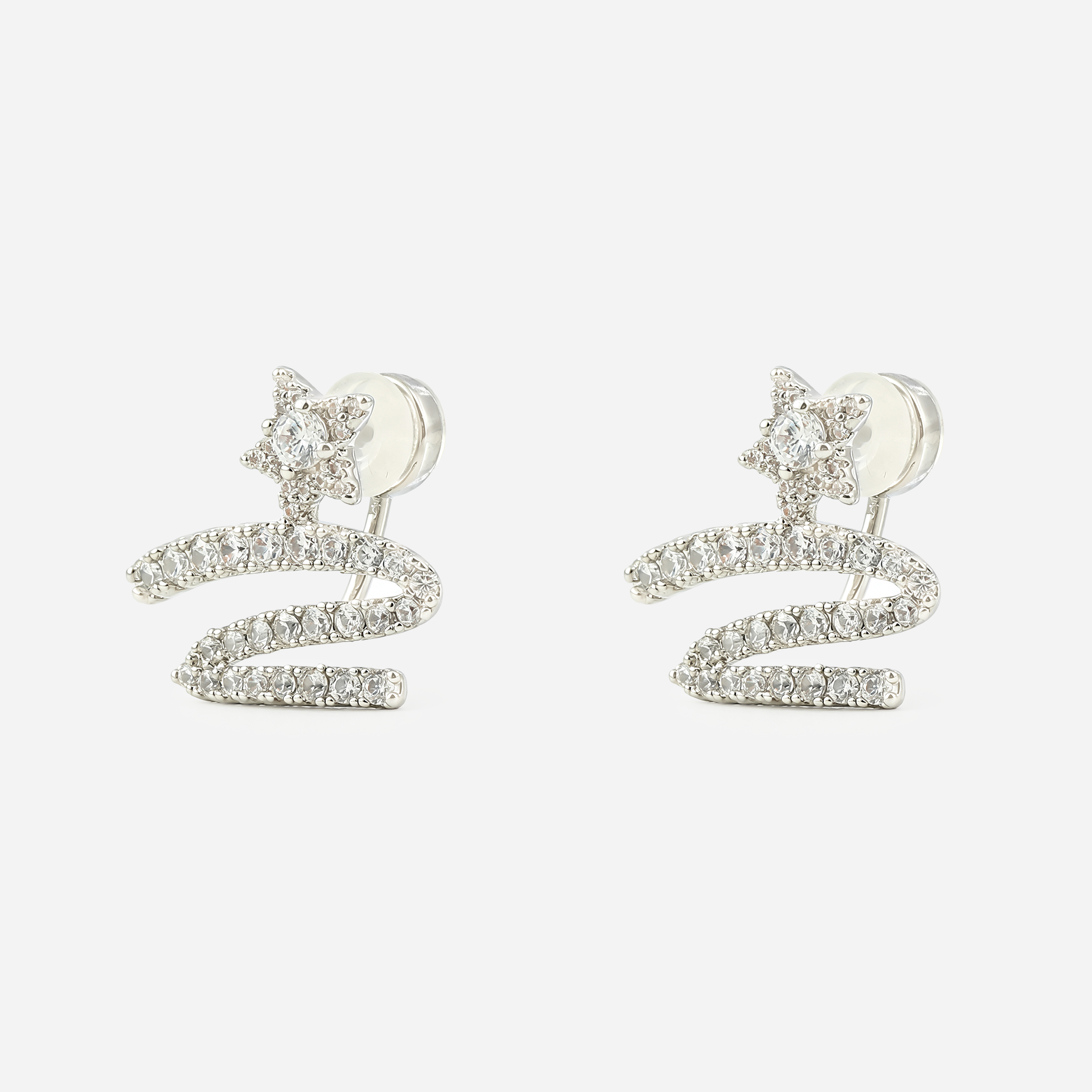 Star Swirl Crystal Clip-On Stud Earrings in silver angle view