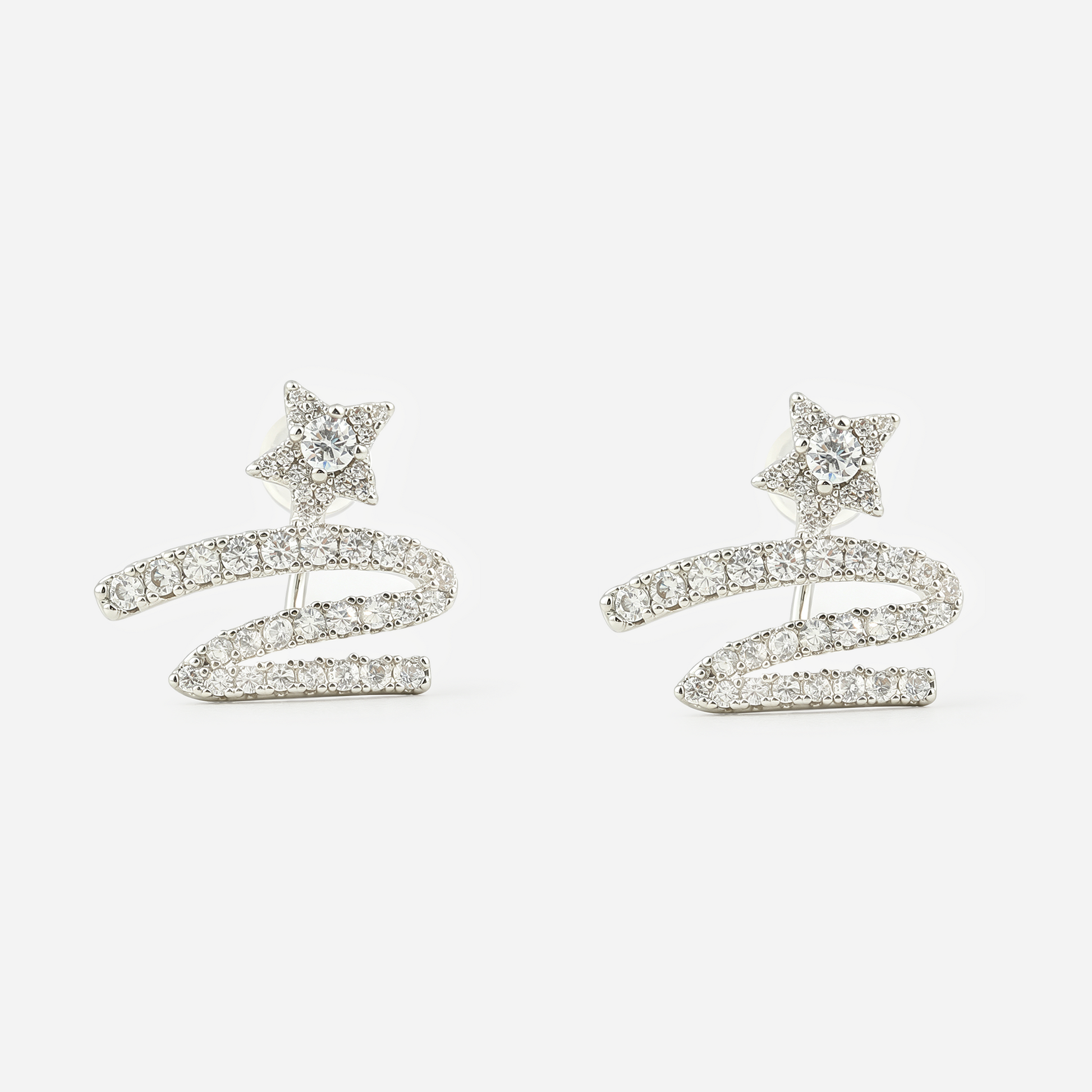 Star Swirl Crystal Clip-On Stud Earrings in silver front view