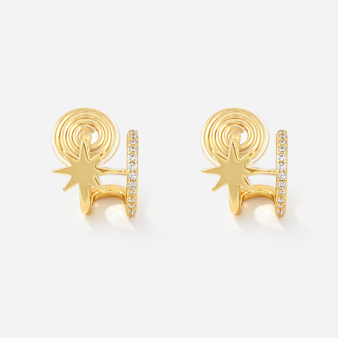 Gold starburst double clip-on hoop earrings, front view