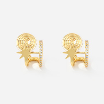Gold starburst double clip-on hoop earrings, front view