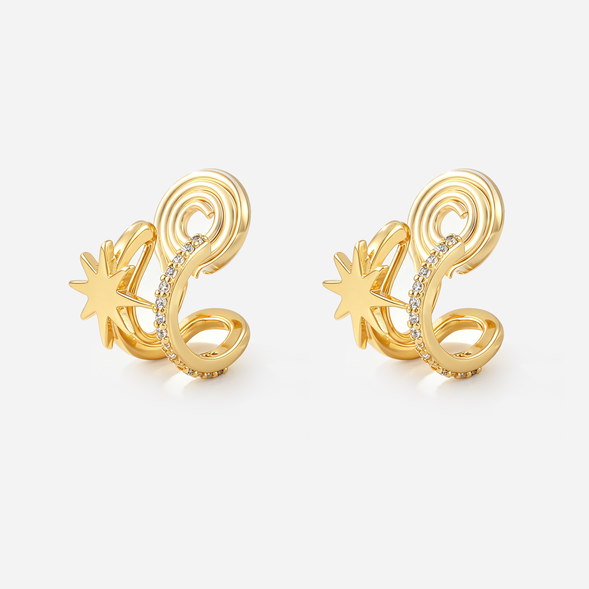 Gold starburst double hoop earrings with zircon accents and coil clips