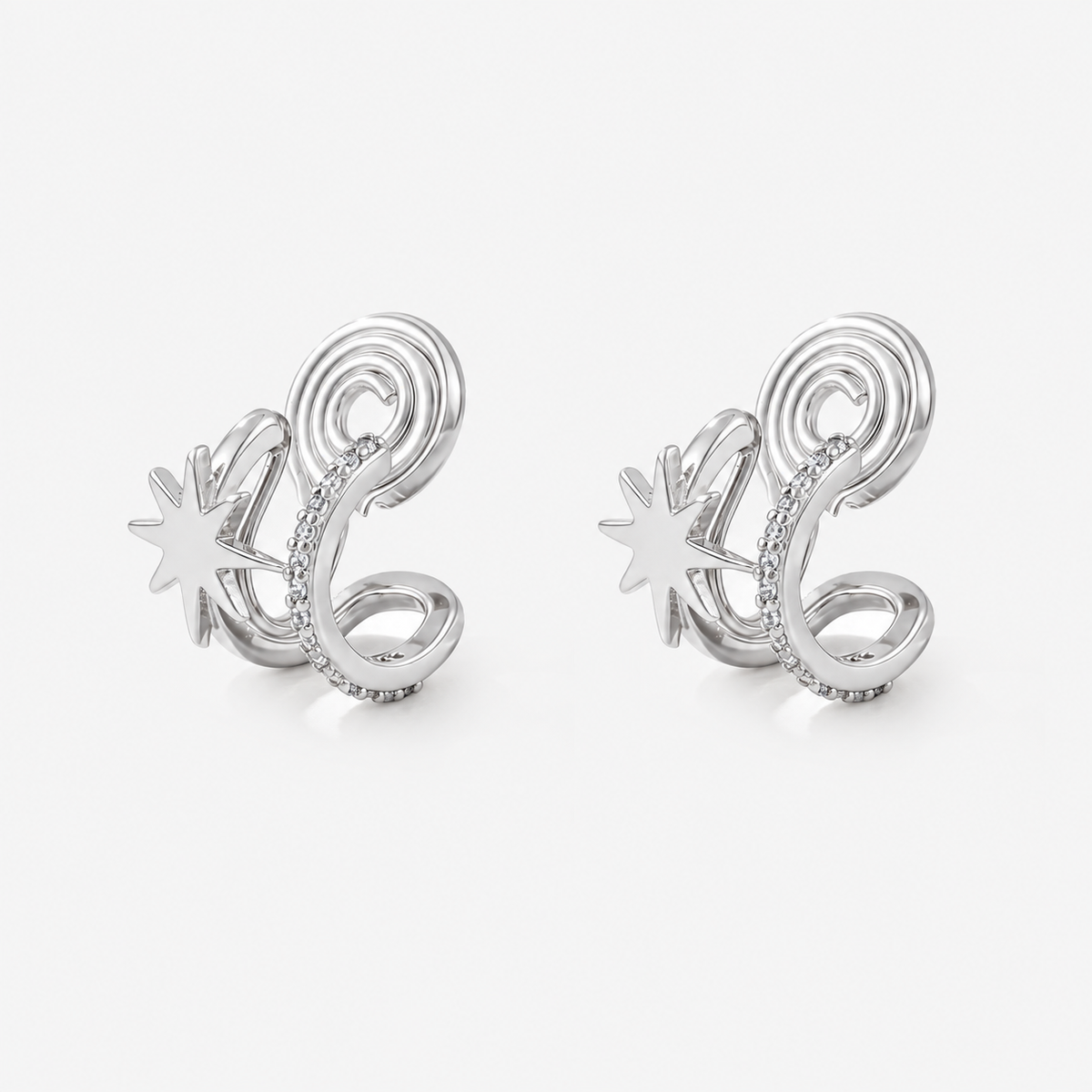 Silver starburst double hoop earrings with zircon accents and coil clips