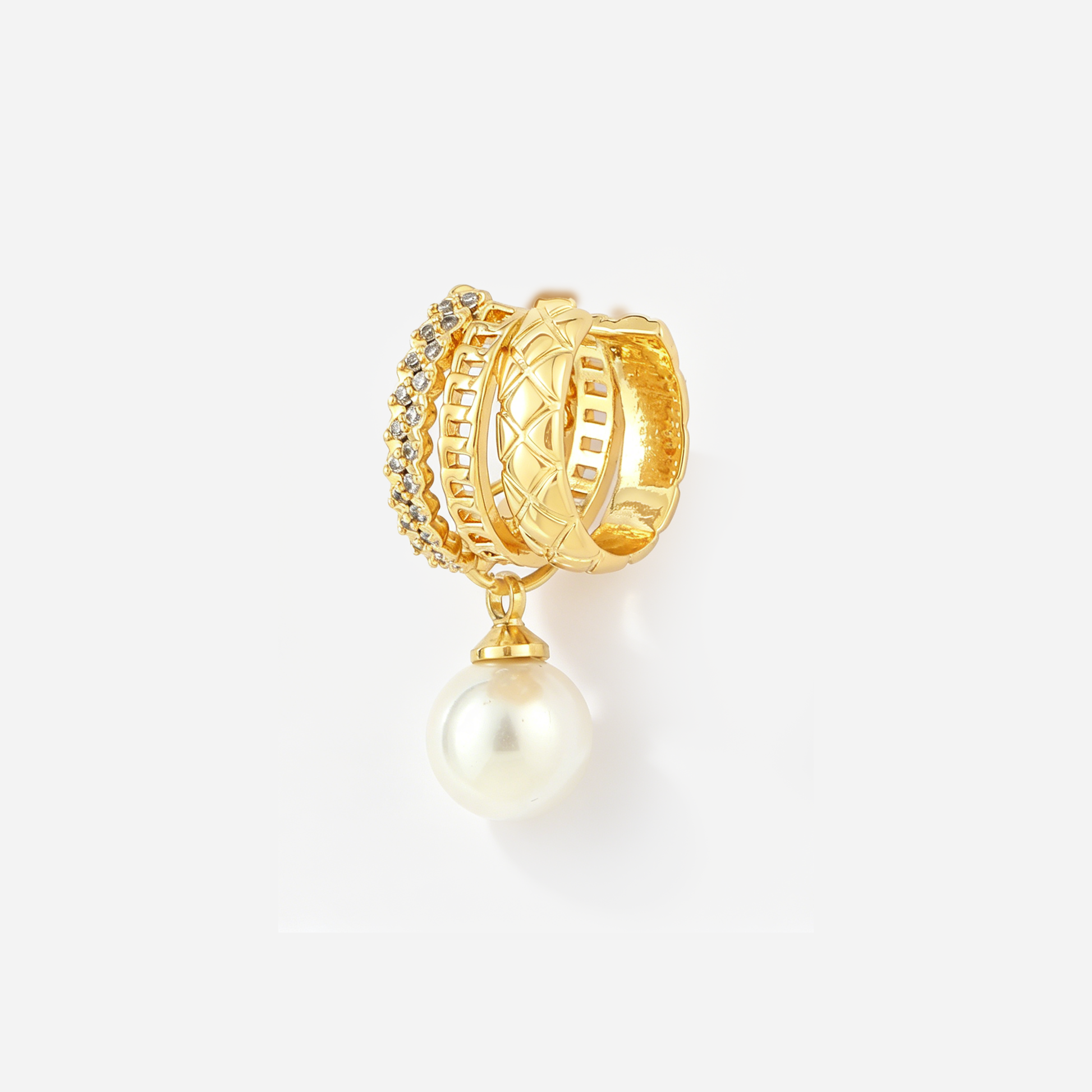 Gold layered pearl drop ear cuff angled product view