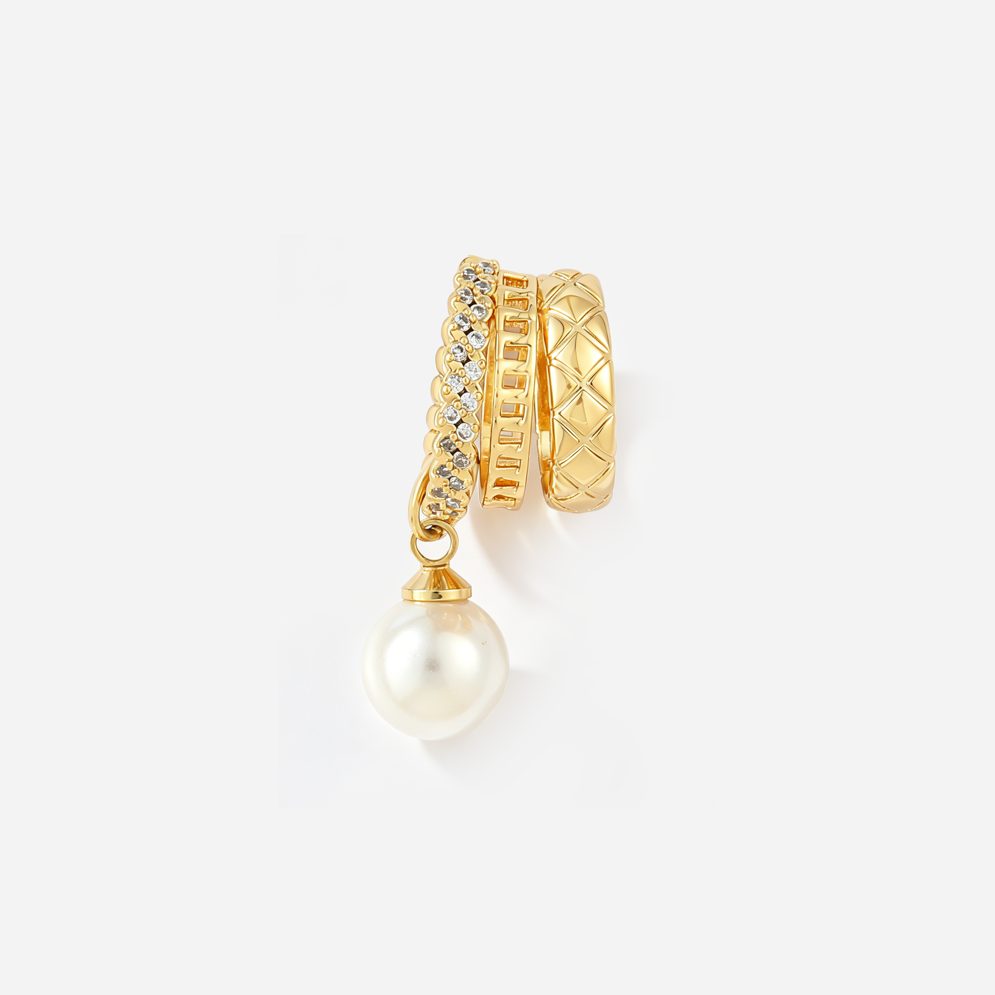 Gold Trio Band Pearl Drop Ear Cuff with zirconia and pearl
