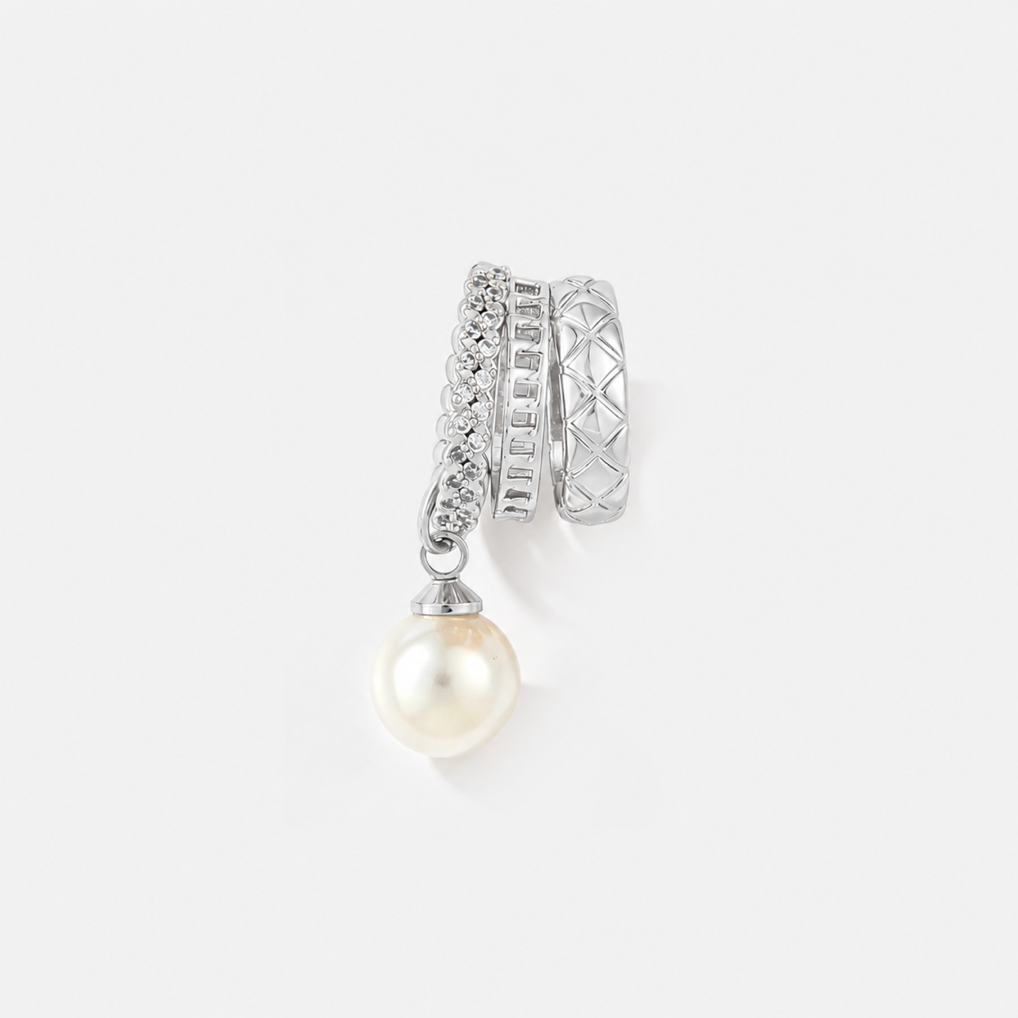 Silver Trio Band Pearl Drop Ear Cuff with zirconia and pearl